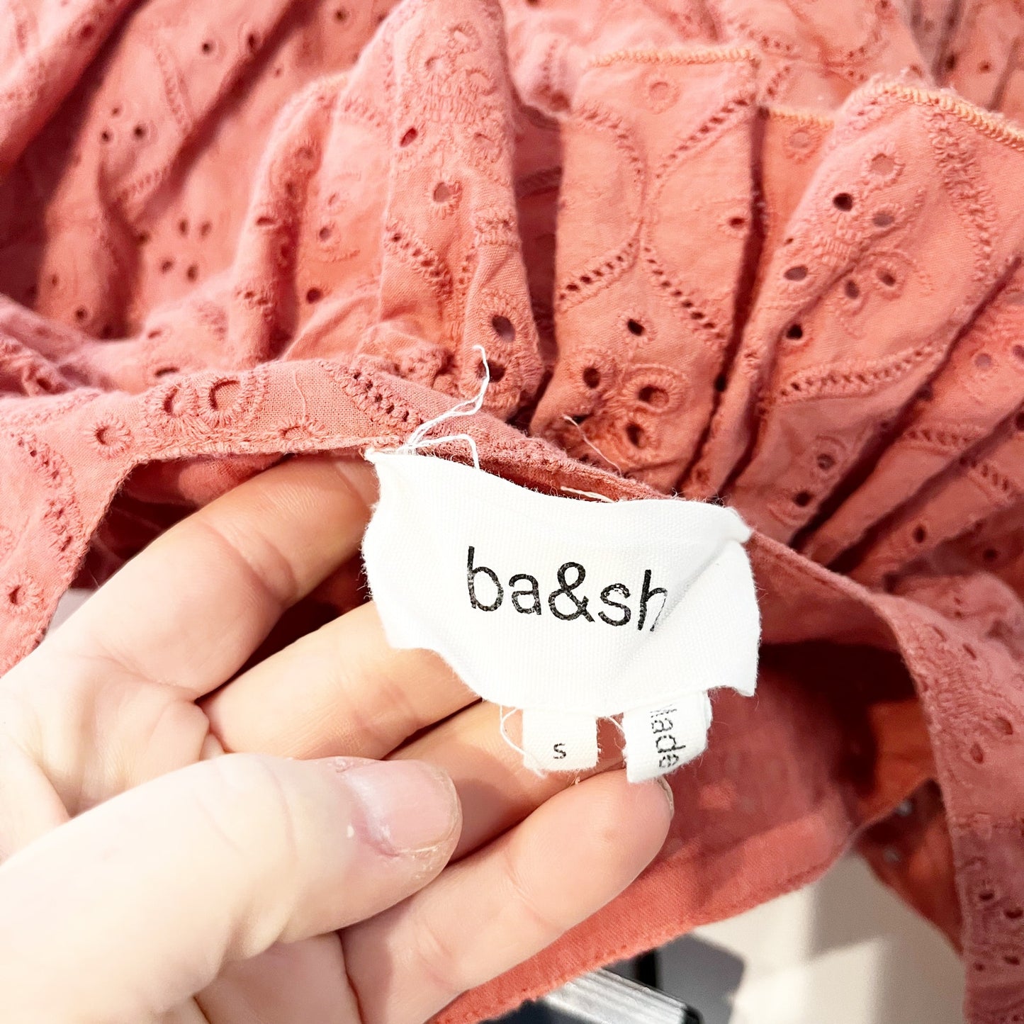 Ba&sh Byrd Broderie Eyelet Ruffle Midi Dress Terracotta Pink Small