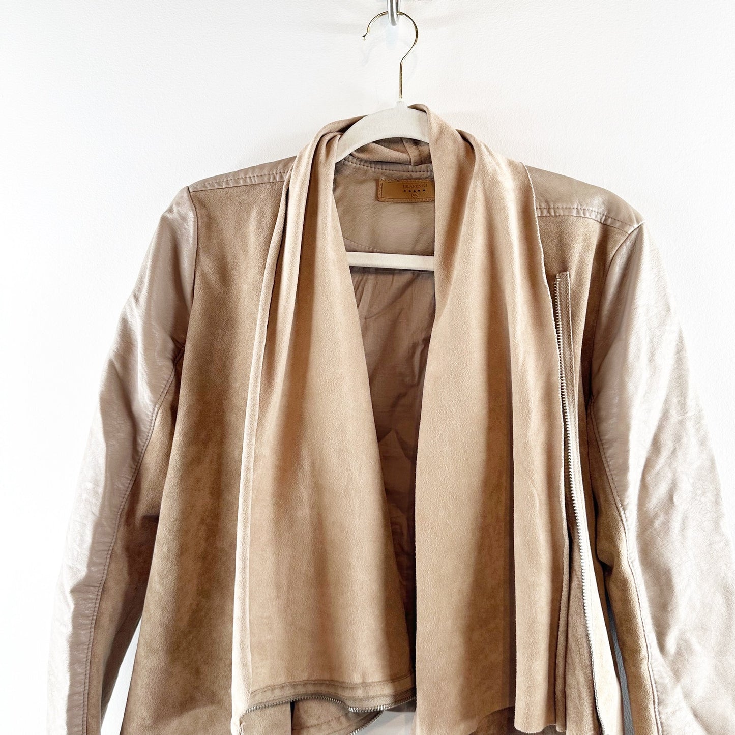 Blank NYC Vegan Suede Leather Waterfall Open Moto Jacket Tan Women's Size XS