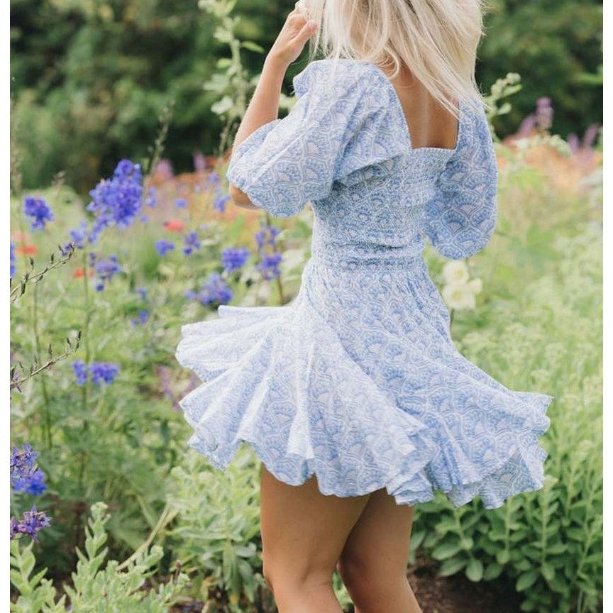 Erica Wilson Fan Fan Smocked Bodice Short Sleeve Mini Dress Shell Blue Small