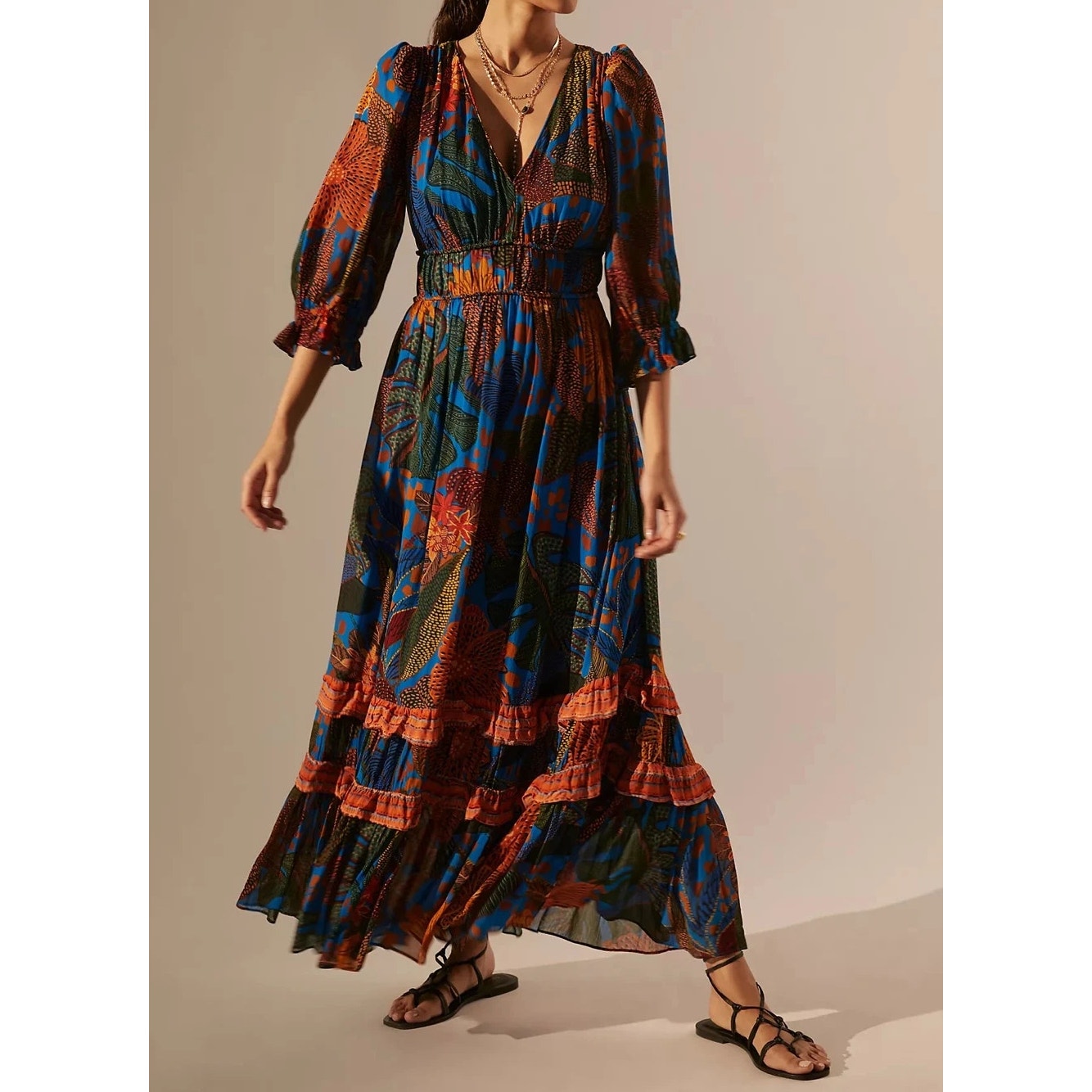 Farm Rio Anthropologie Puff-Sleeve Smocked Tiered Maxi Dress Blue Small