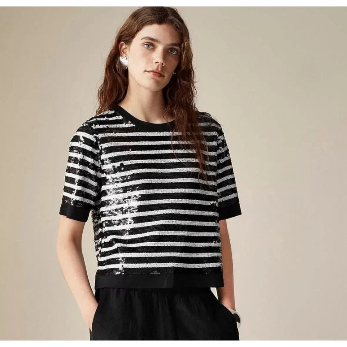 J. Crew Sequin Stripe Boxy Short Sleeve T-Shirt Top  Black White XL