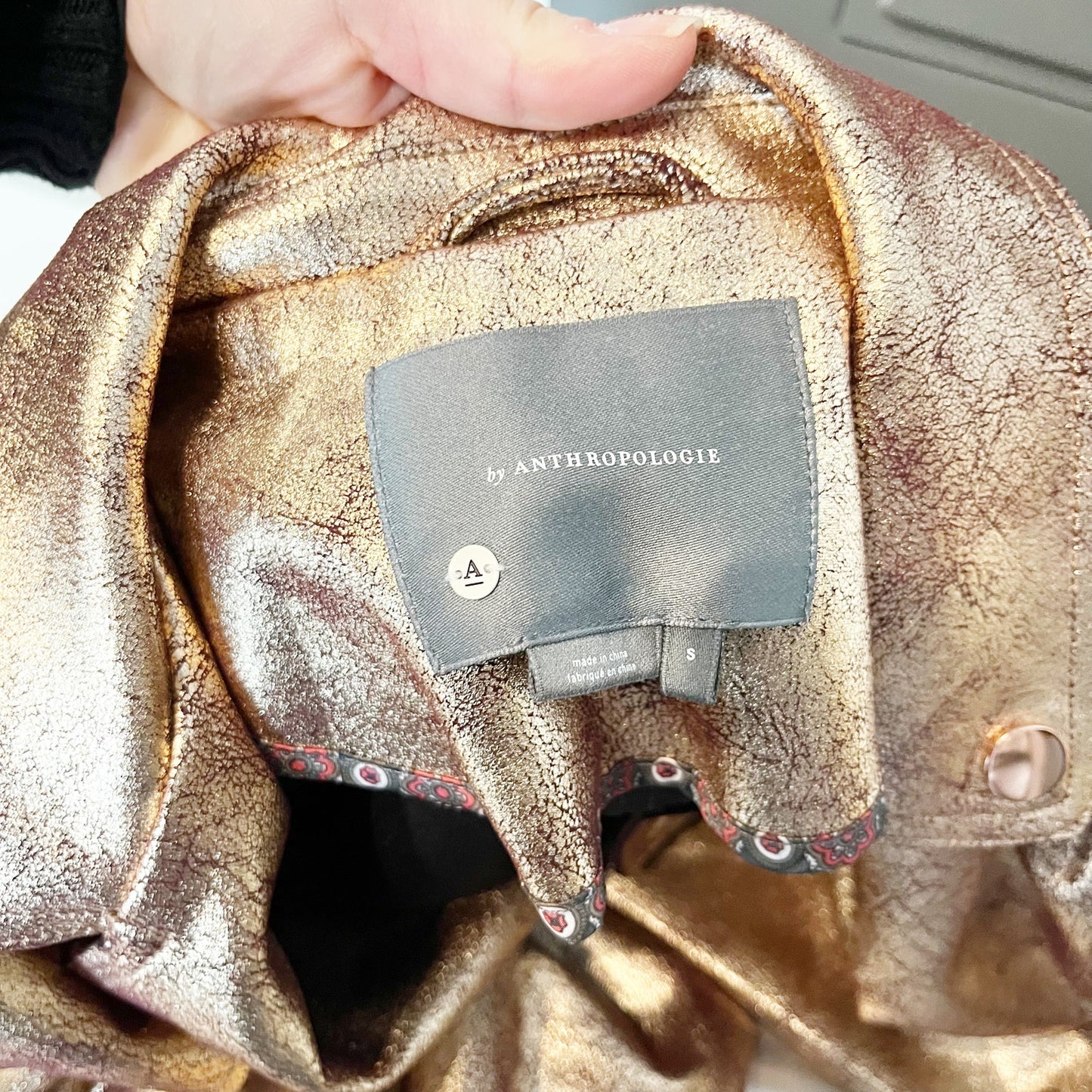 Anthropologie Brisa Metallic Cropped Faux Leather Moto Jacket Rose Gold Small