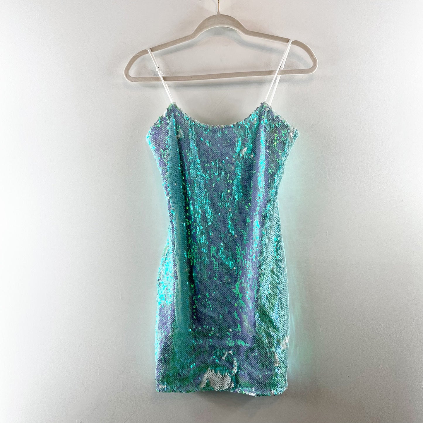 Lucy in the Sky Iridescent Sequin Bodycon Mini Dress Blue Turquoise Large