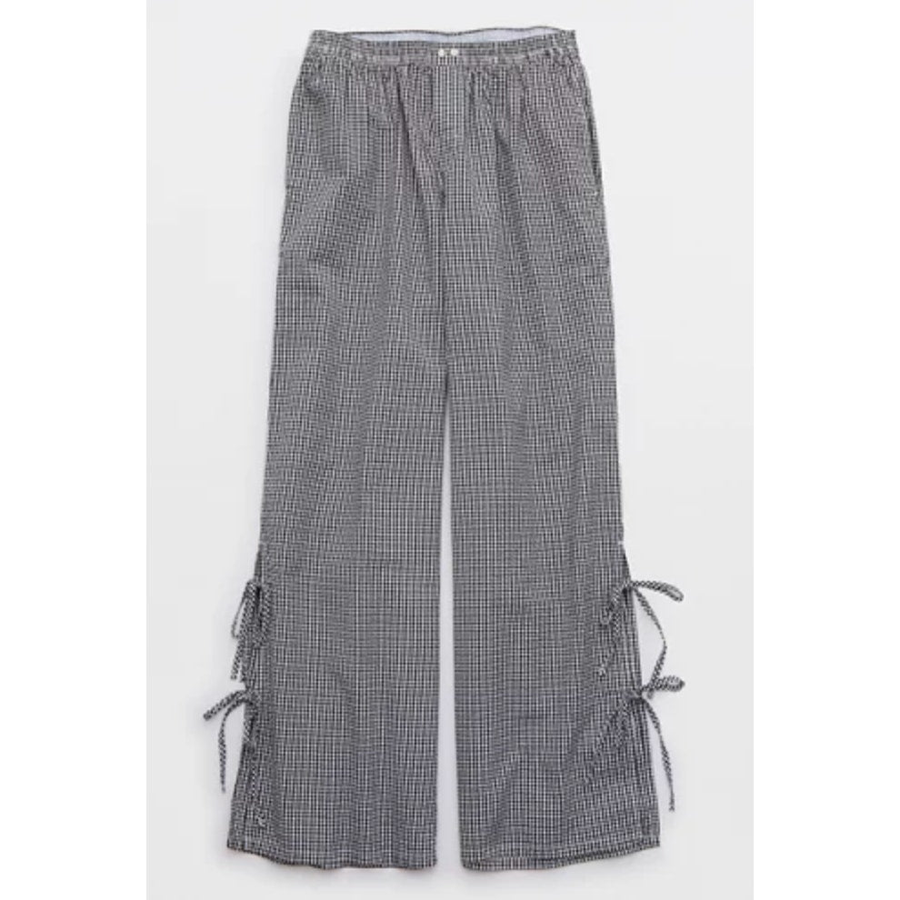 Aerie Gingham Print Tie Hem Boxer Style Wide Leg Pants Black White Medium
