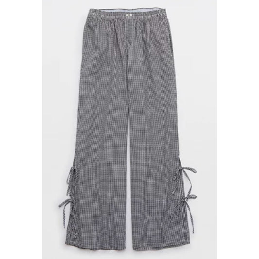 Aerie Gingham Print Tie Hem Boxer Style Wide Leg Pants Black White Medium