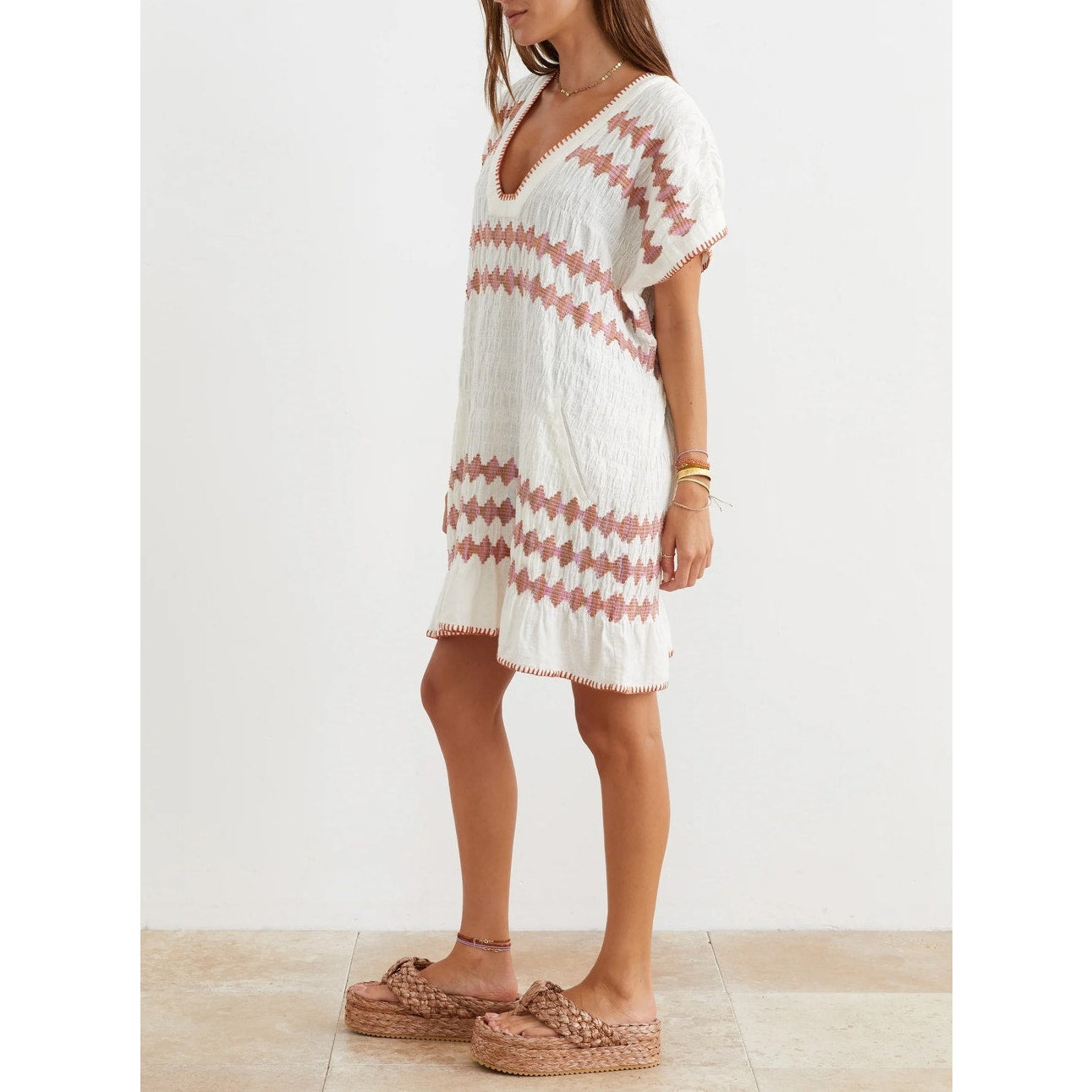 Boteh Hera Embroidered Tunic Short Sleeve Cover Up Mini Dress White Small