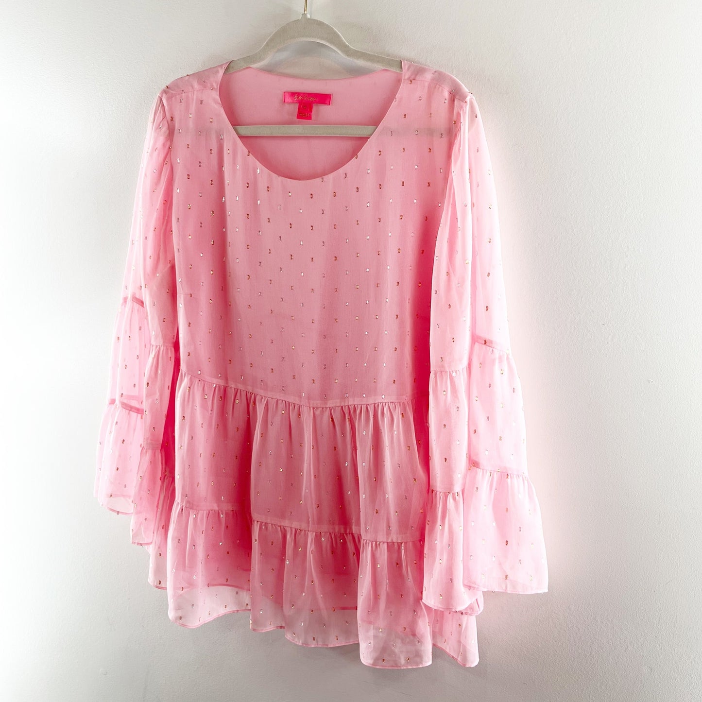 Lilly Pulitzer Zazie Flounce Babydoll Bell Tiered Sleeve Blouse Pink XL