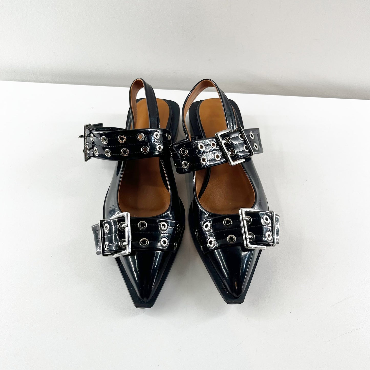 Black Patent Leather Buckle Slip On Pointed Toe Slingback Flat Shoes 39 / 8.5
