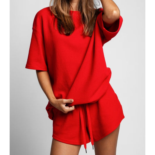 Comfrt Waffle Lounge Short Sleeve Oversized Tee and Shorts Matching Set Cherry M