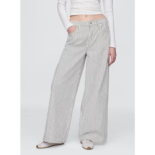 Gap 100% Cotton Striped Mid-Rise Wide Leg Baggy Jeans White Indigo 28 / 6