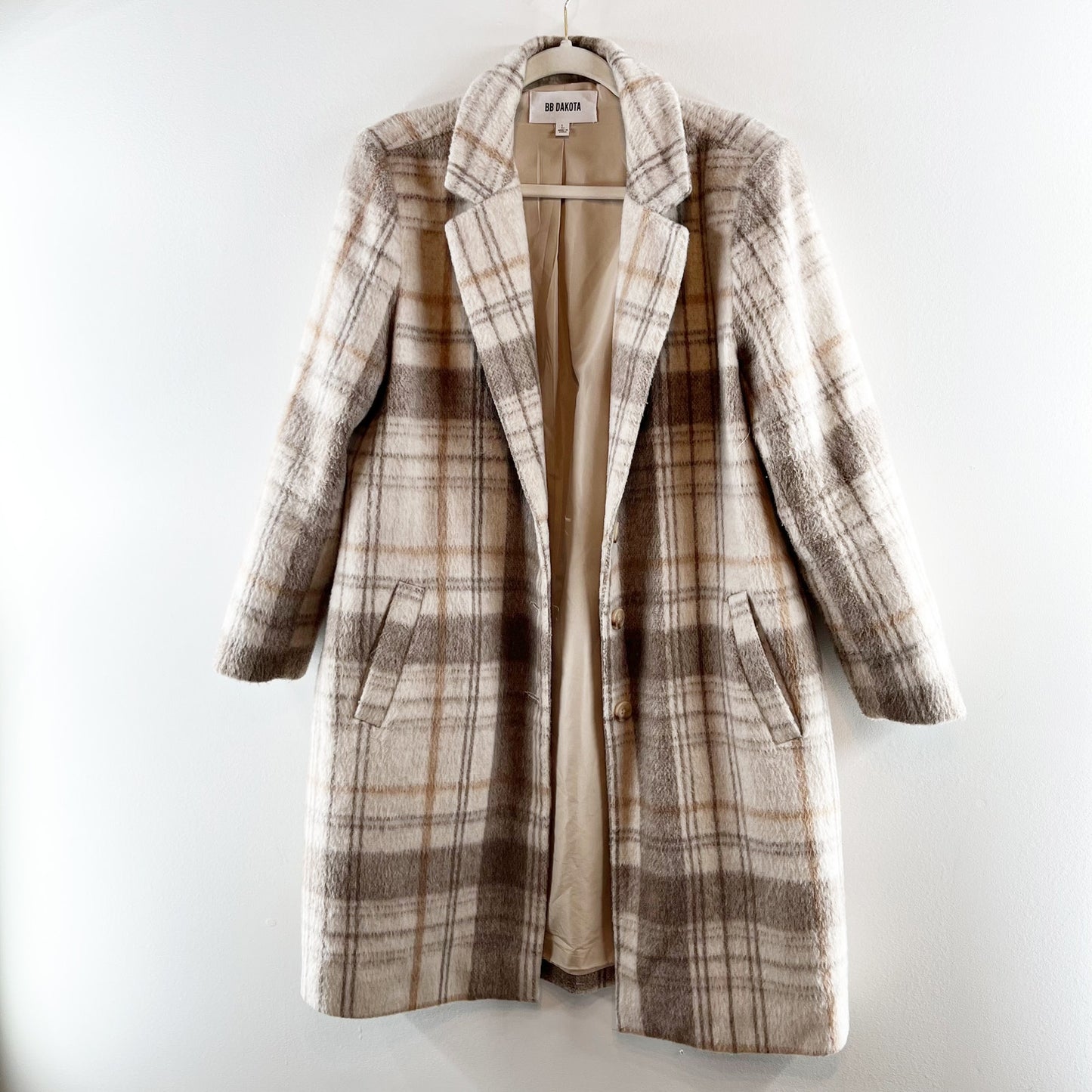 BB Dakota Plaid To Be Said Long Sleeve Notch Lapel Overcoat Peacoat Tan Large