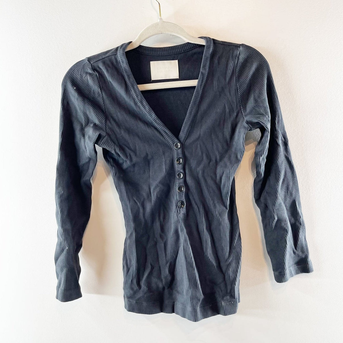 Citizens of Humanity Aideen Long Sleeve Ribbed Knit Henley Top Black Small