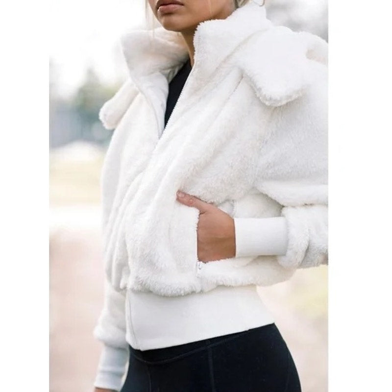 Savvi Amy Long Sleeve Full Zip Sherpa Fleece Jacket with Hood Cream Medium