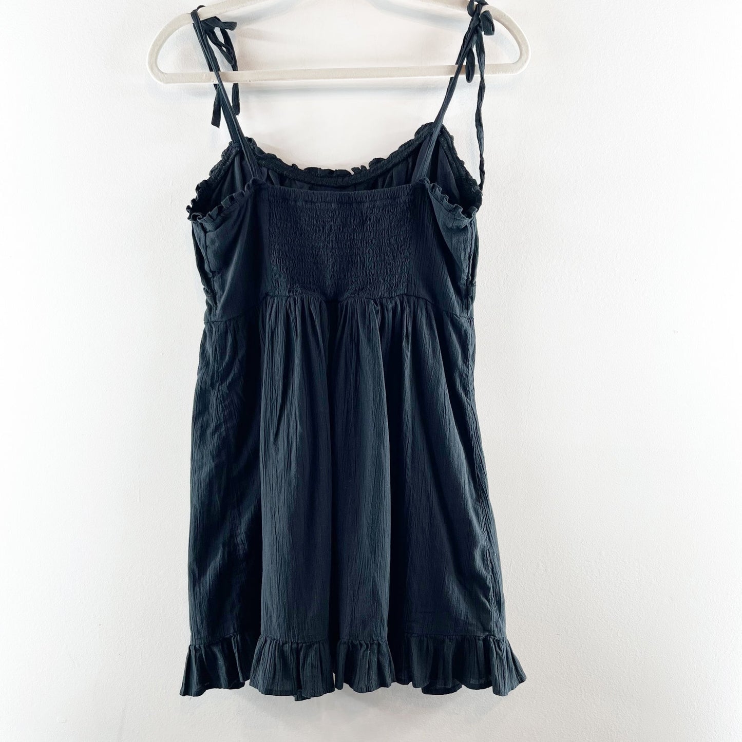 Aerie Tie Spaghetti Straps Ruffle Hem Cotton Mini Dress Black Medium