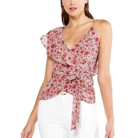 MISA Floral Print Plunging Neck Asymmetrical Ruffle Wrap Tie Tank Blouse Red XS