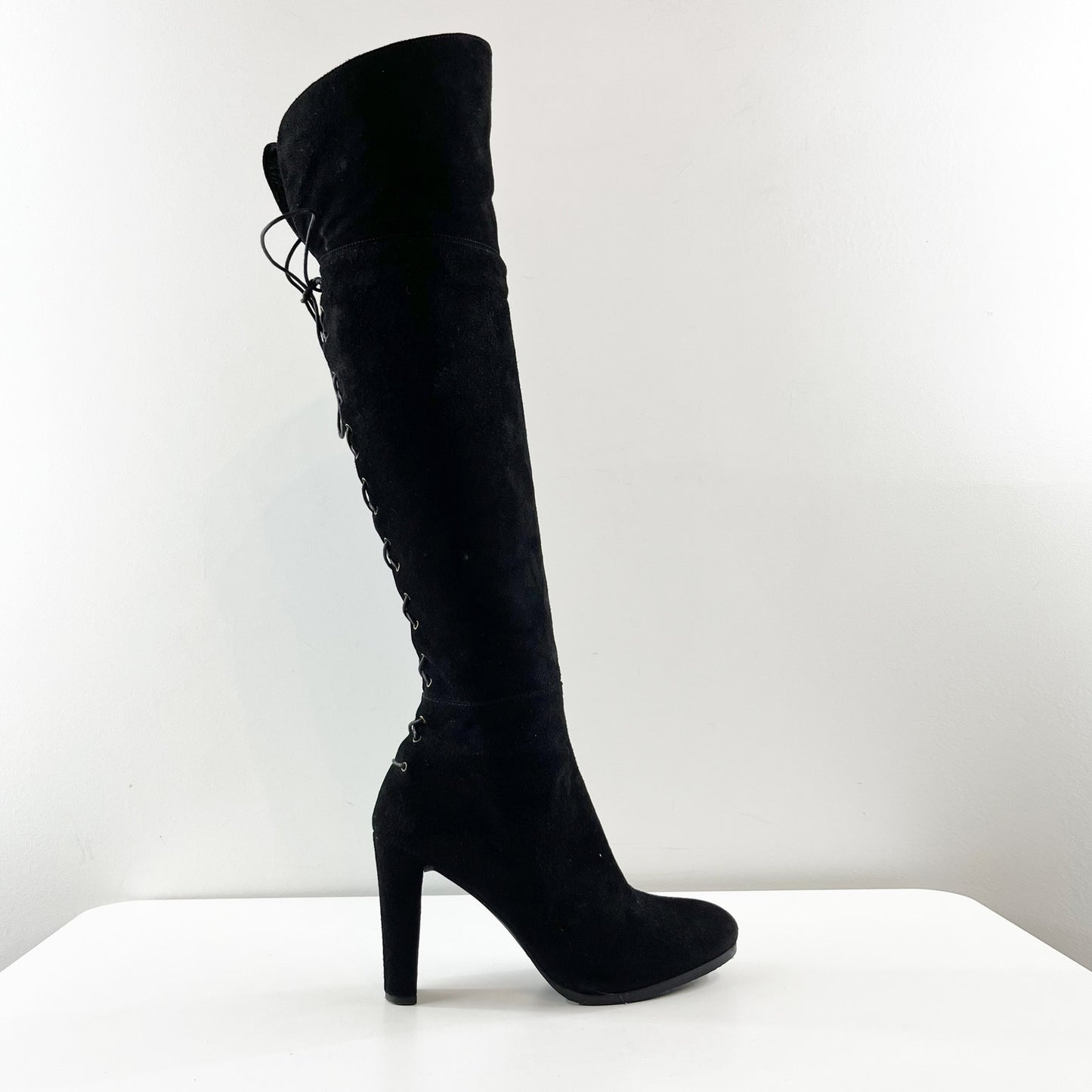 Stuart Weitzman Ariana Heel Over The Knee Lace Up Suede Boots Black 8