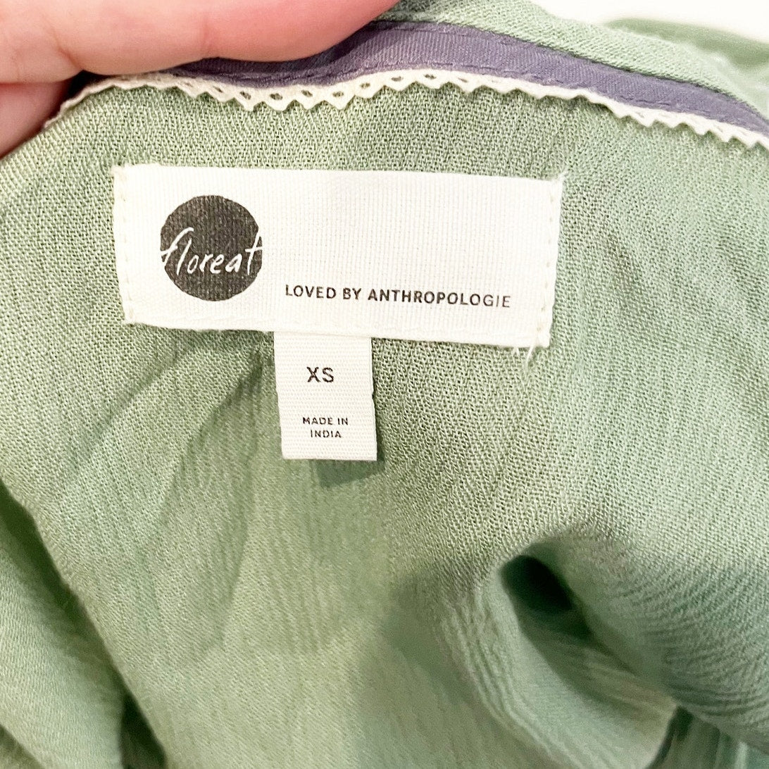 Anthropologie Floreat Persephone Embroidered Short Sleeve Top Green XS