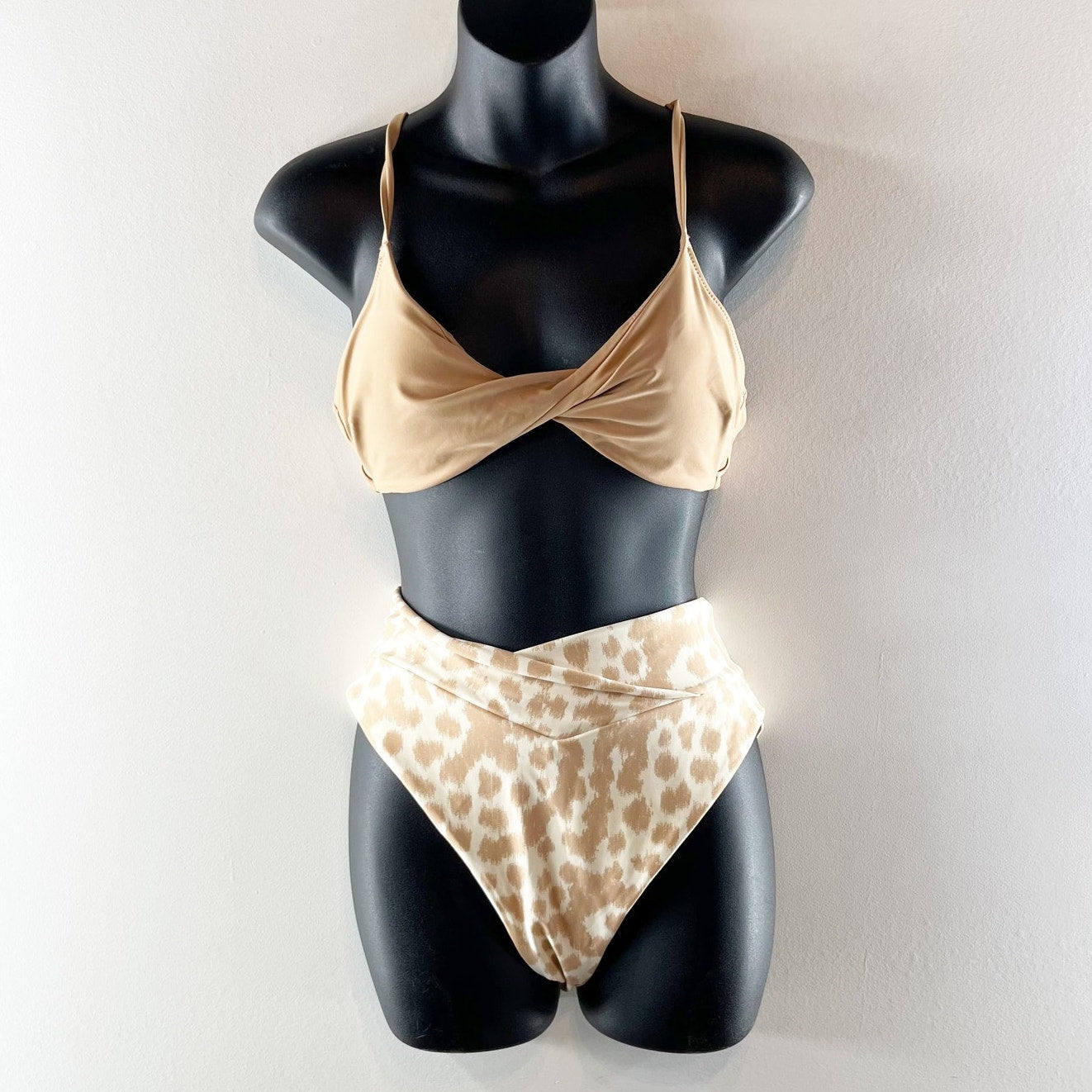 Aerie High Waisted Crossover High Cut Cheeky Two Piece Bikini Set Tan Medium