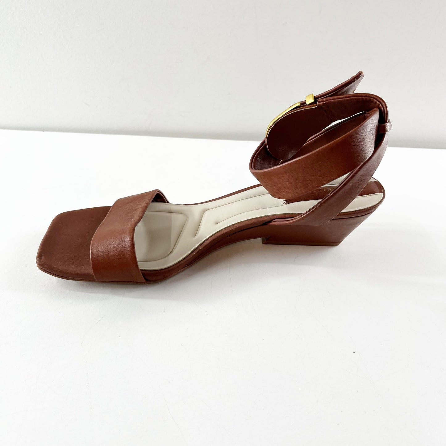Franco Sarto Savini Ankle Strap Leather Square Toe Wedge Sandals Brown 9