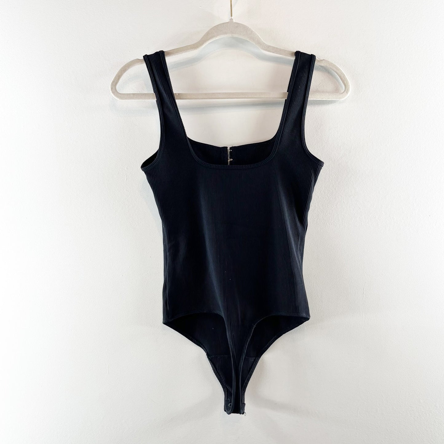 Abercrombie & Fitch Sleeveless Square Neck Ribbed Thong Bodysuit Black Medium