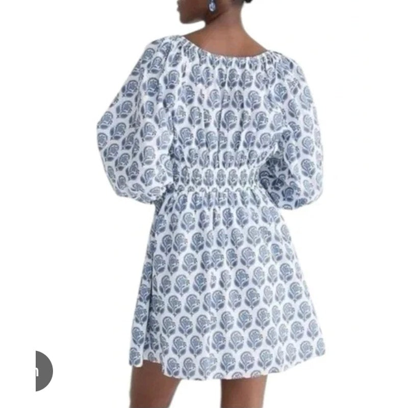 J. Crew 3/4 Sleeve Mini Cotton Dress in Bouquet Block Print Blue White Small