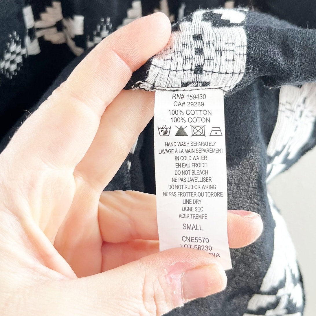 Elan 3/4 Bell Sleeve Embroidered Mini Arrow Swing Babydoll Dress Black White