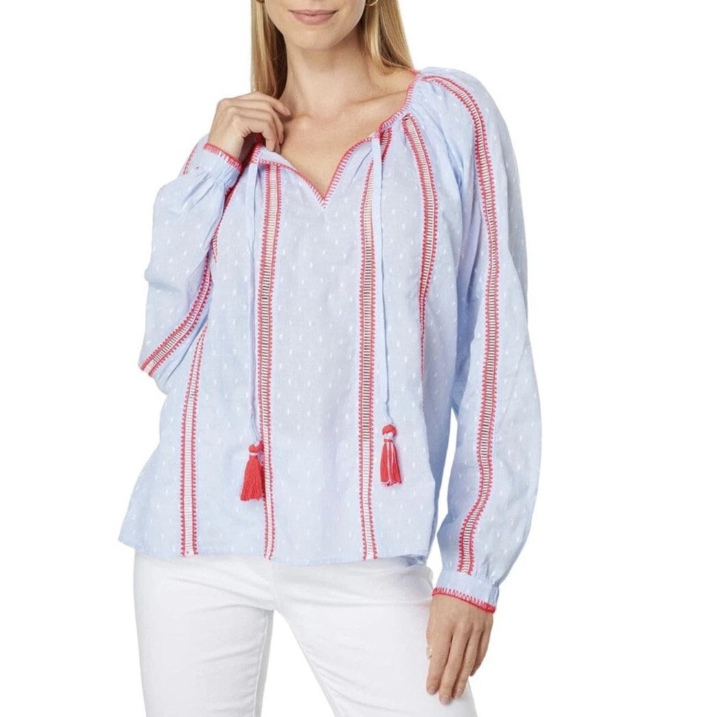 Lilly Pulitzer Mardi Chambray Long Sleeve Tunic Blouse Top Blue Pink Small