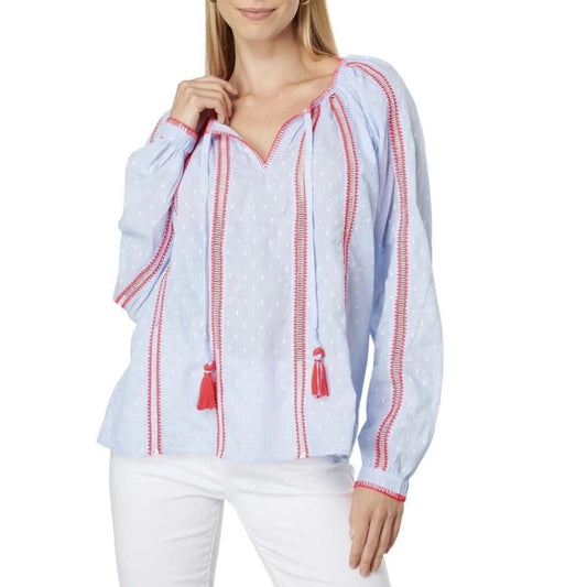 Lilly Pulitzer Mardi Chambray Long Sleeve Tunic Blouse Top Blue Pink Small