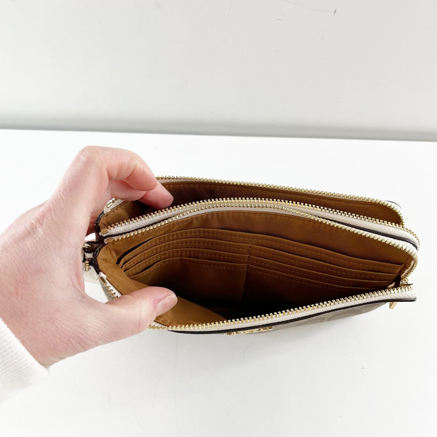 Coach Signature C Corner Zip Canvas Wristlet Wallet Brown