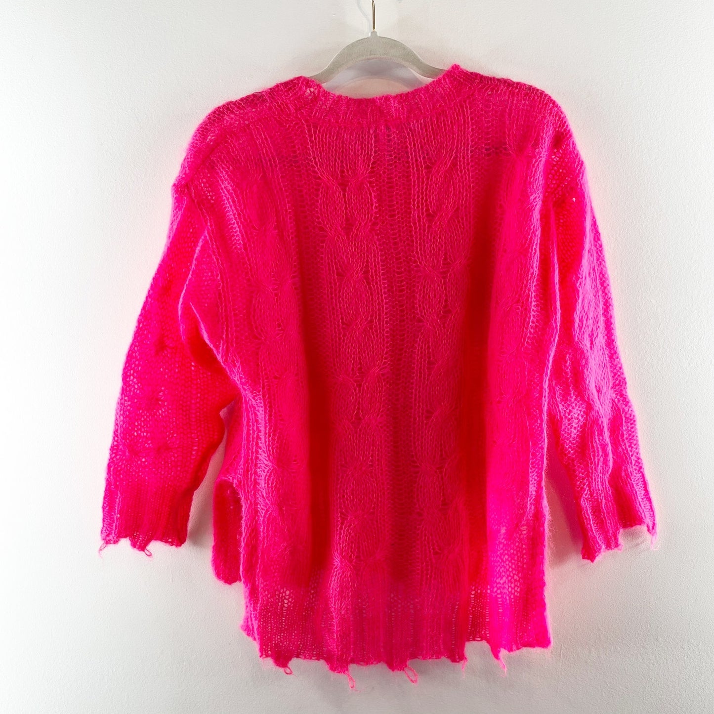 Anthropologie The Posey Long Sleeve Stitchy Distressed Sweater Hot Pink XS