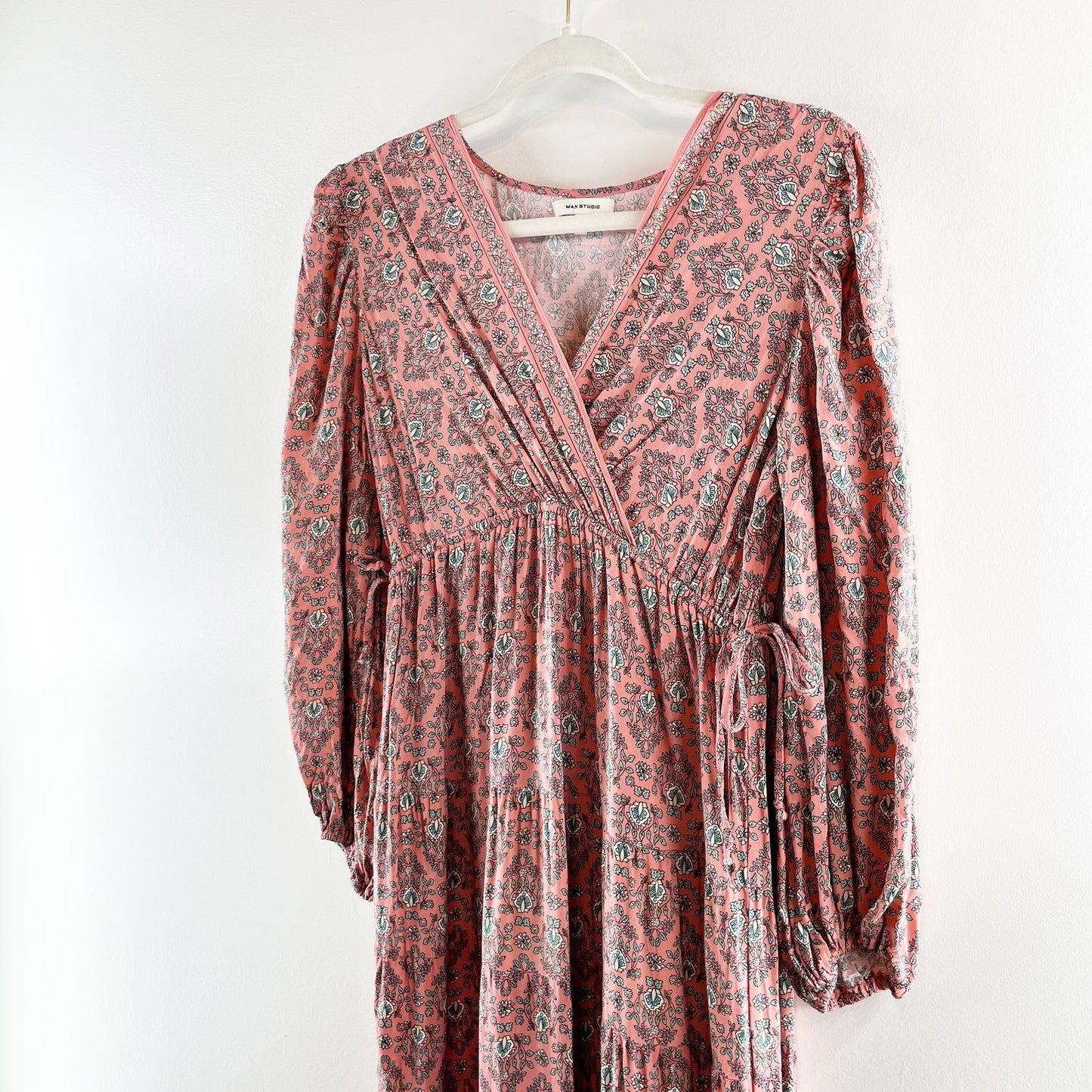 Max Studio Long Sleeve V Neck Printed Midi Dress Maroon Red Small