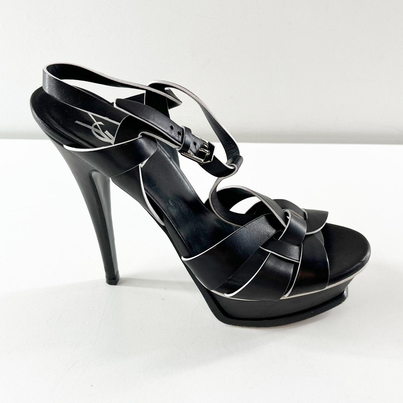 YSL Yves Saint Laurent Tribute Platform T Strap Leather Pumps Heels Black 38.5