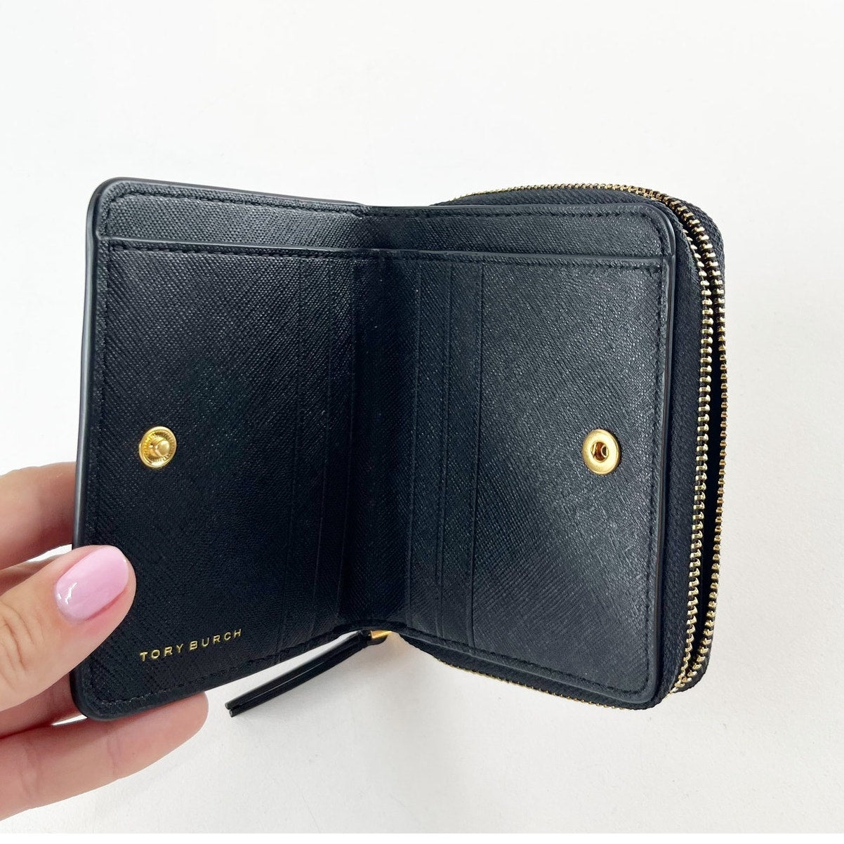 Tory Burch Emerson Saffiano Leather Mini Folded Wallet Black Gold