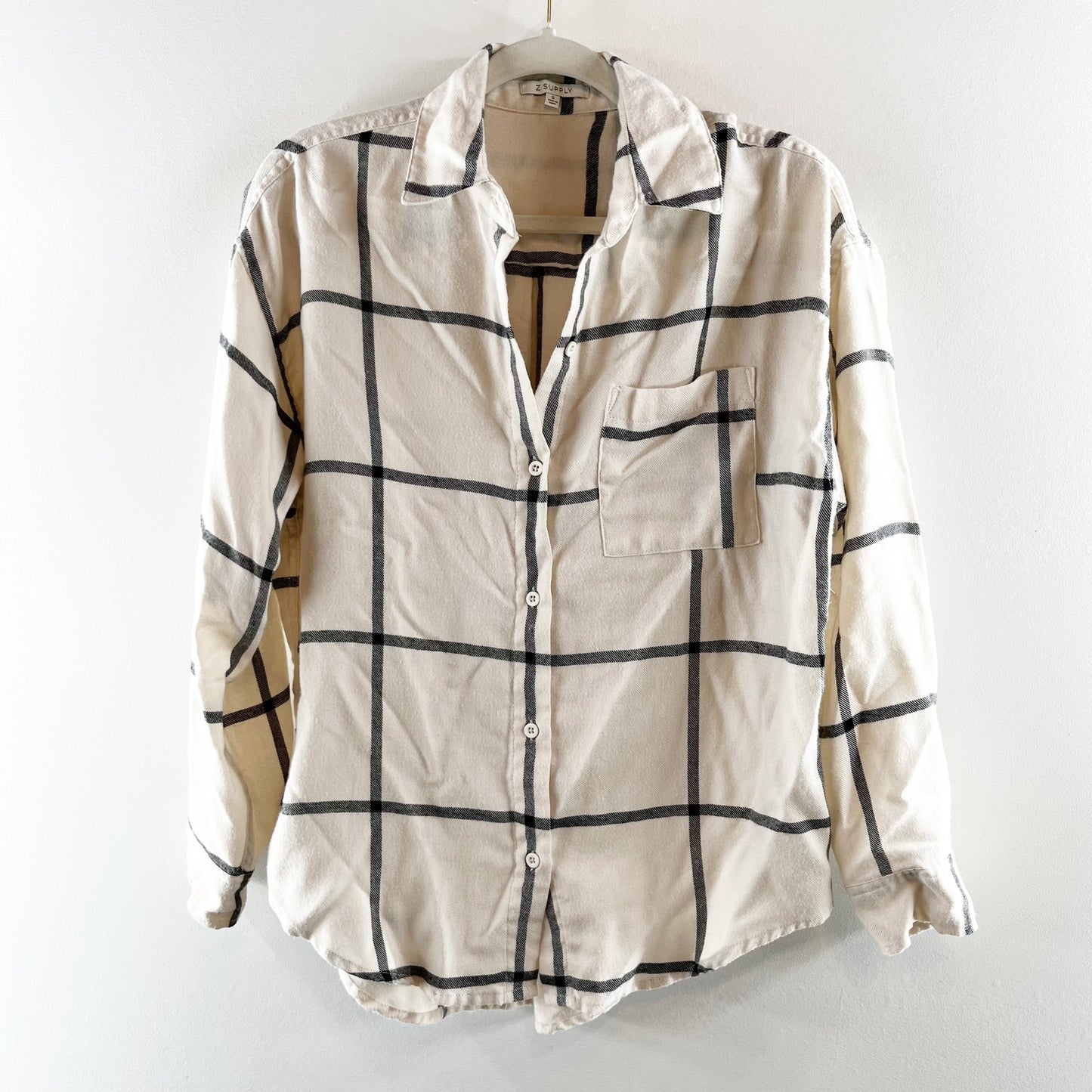 Z Supply River Windowpane Long Sleeve Pocket Button Up Shirt Cream Black Small