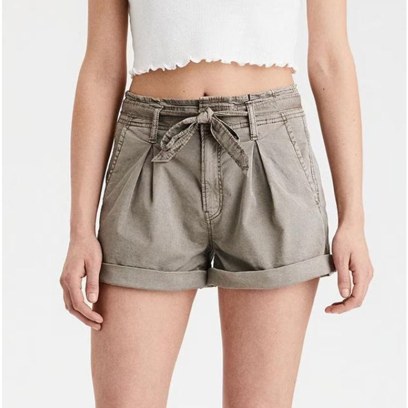 American Eagle Super High Rise Cuffed Paperbag Belted Shorts Tan Brown 0