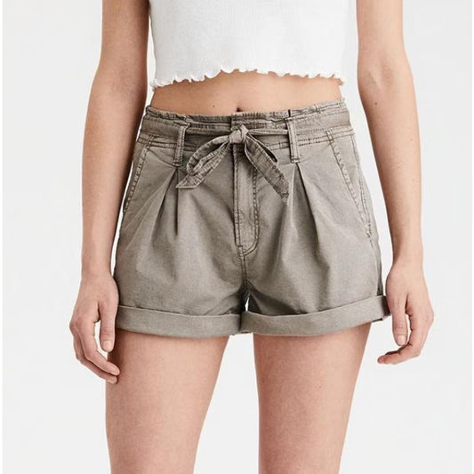 American Eagle Super High Rise Cuffed Paperbag Belted Shorts Tan Brown 0