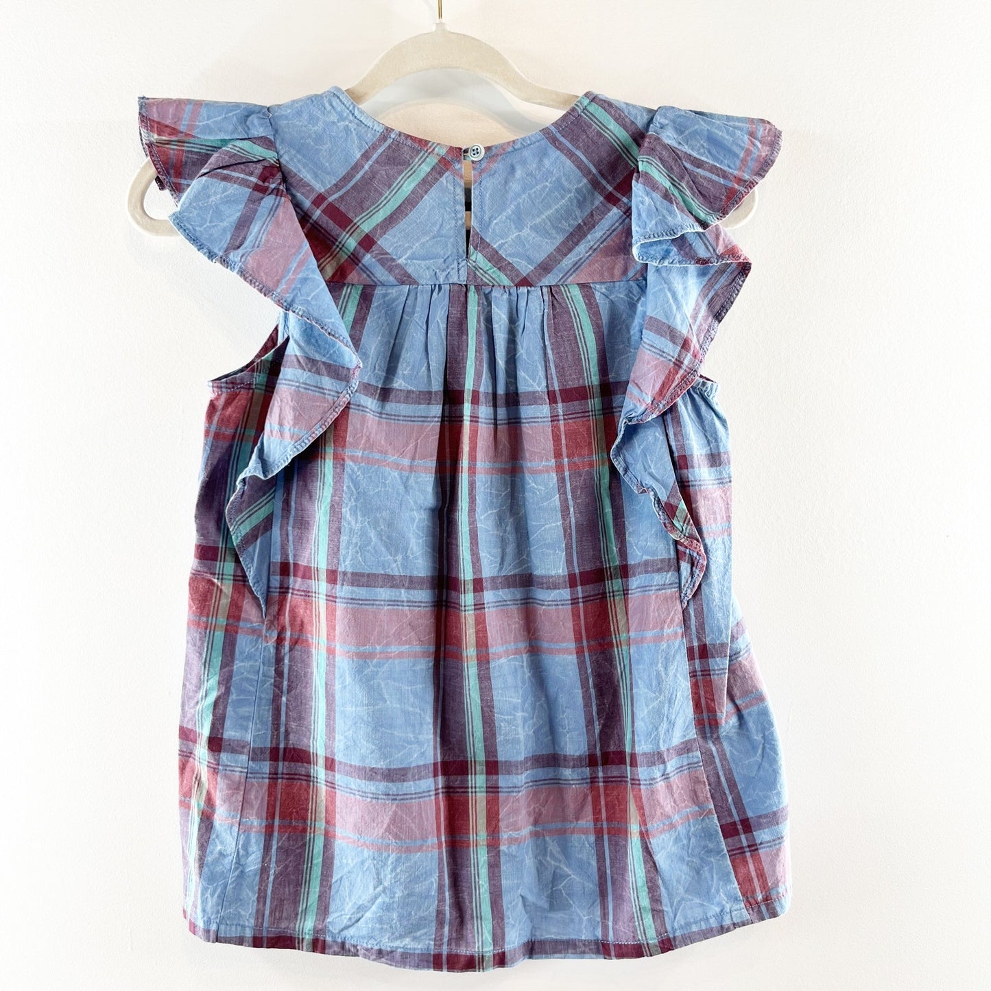 Anthropologie Amarette Plaid Tartan Ruffle Sleeve Top Blouse Blue Red XXS