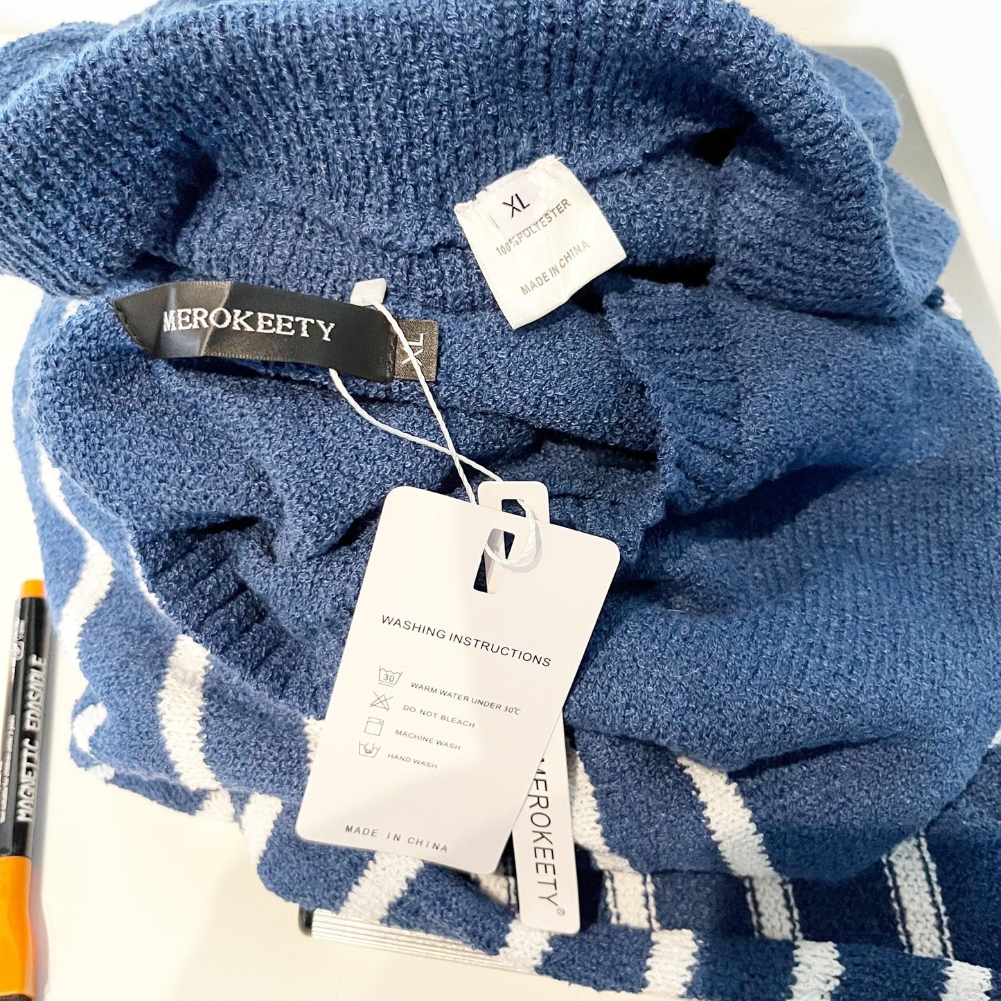 MeroKeety Striped Long Sleeve Crewneck Sweater and Shorts Matching Set Blue XL