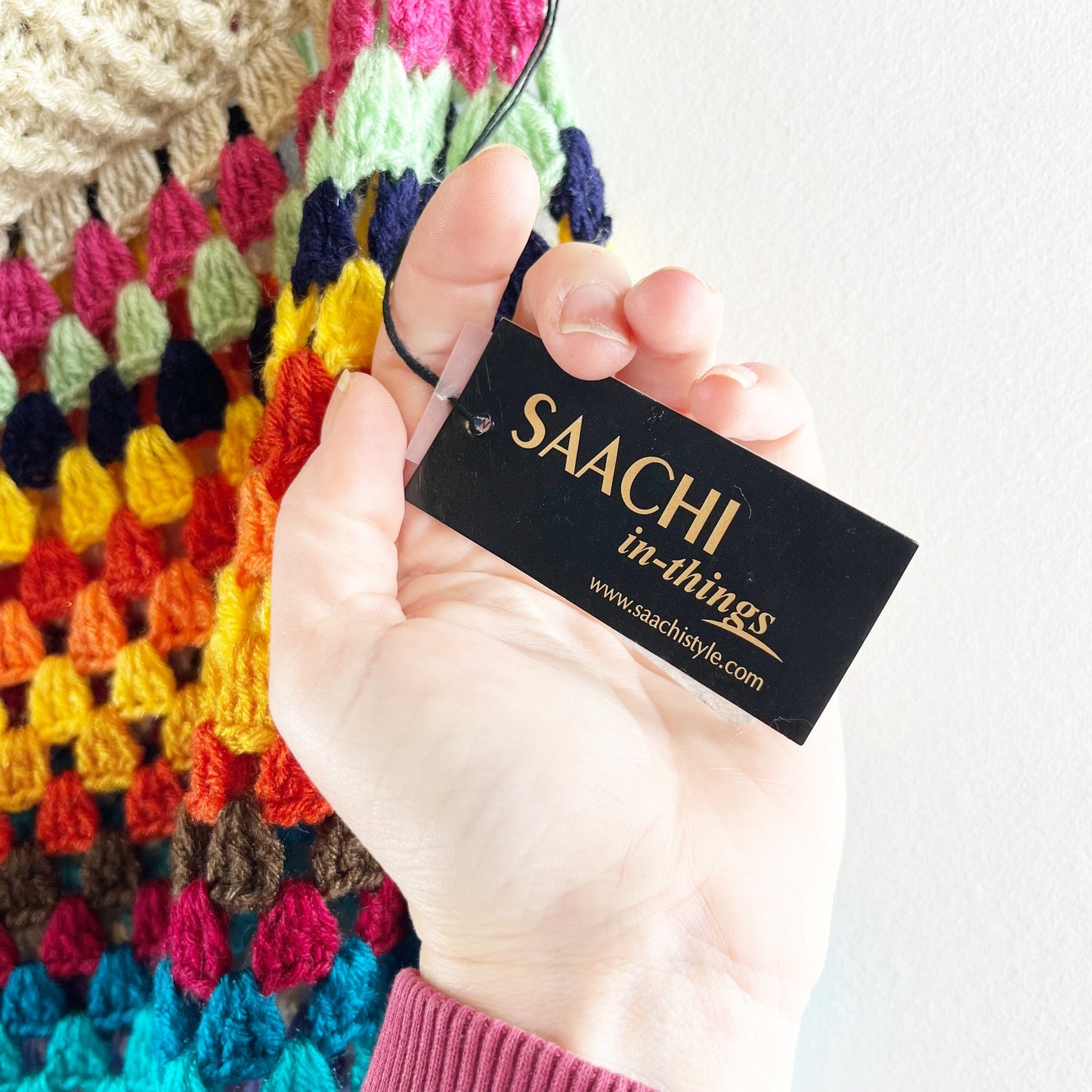 Saachi Earth to Sky Crochet Knit Poncho Rainbow Tassel Fringe Tan One Size