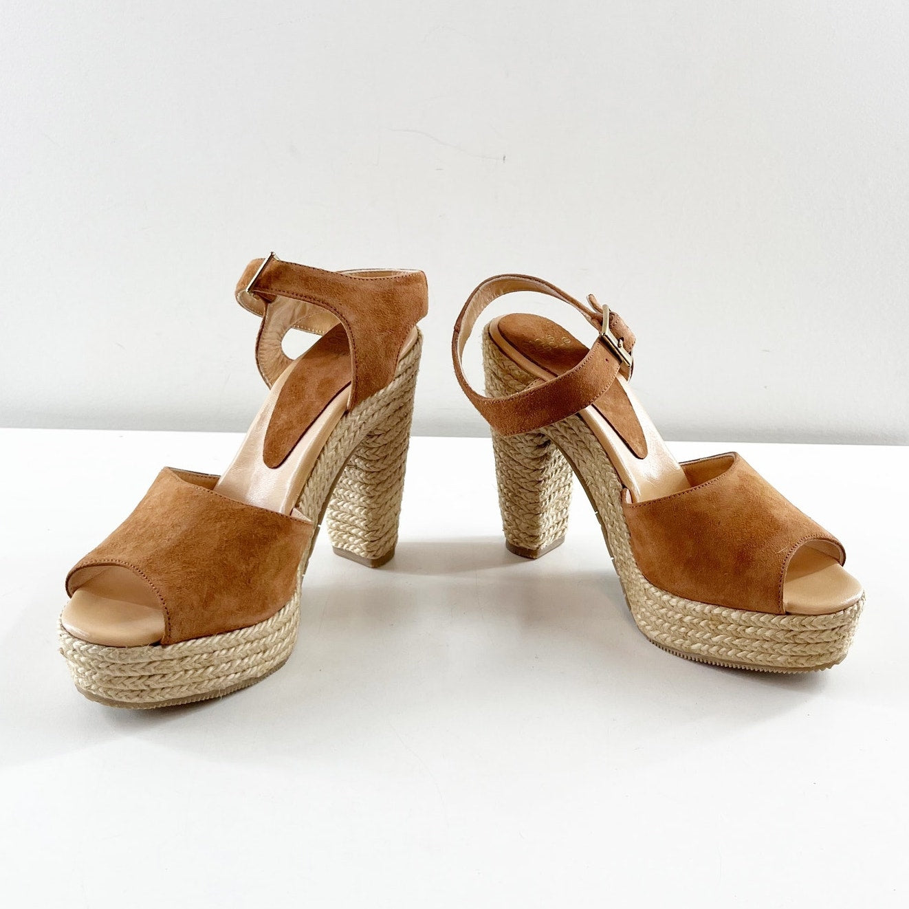 Andre Assous Sasha Suede Espadrille High Heel Sandals Shoes Brown Tan 8