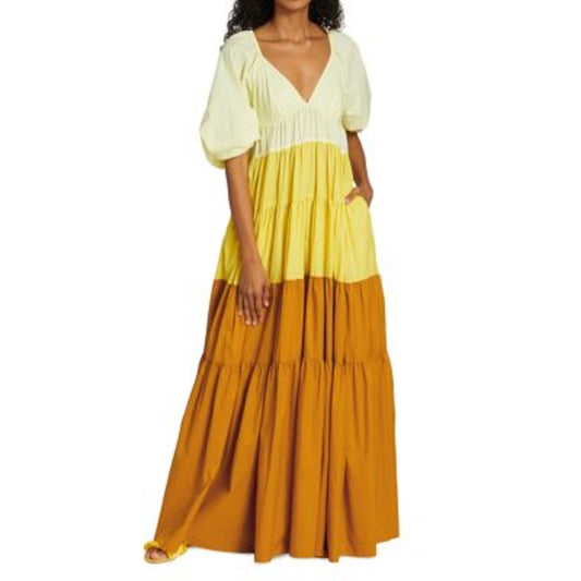 Staud Puff Sleeve Tiered Meadow Colorblock Maxi Dress in Sun Beach Medium