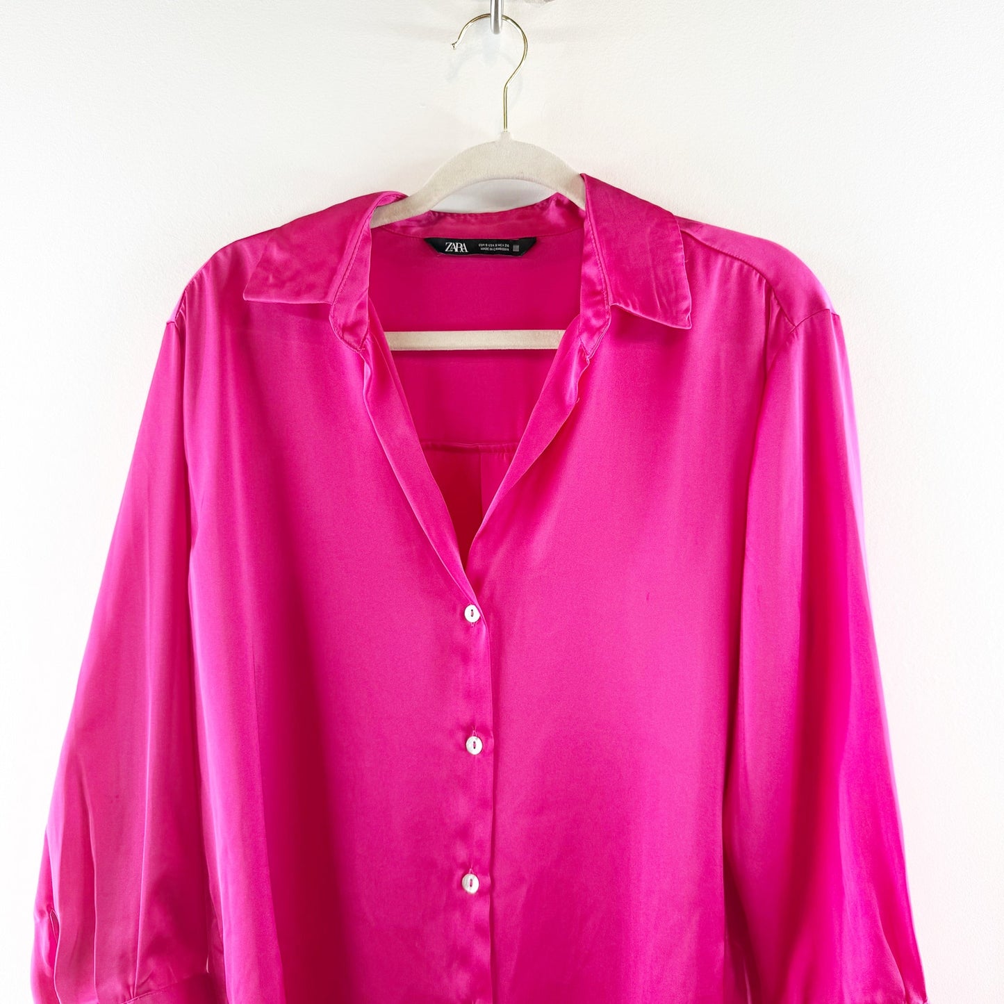 ZARA Satin Effect Long Sleeve Oversized Button Up Shirt Top Pink Small