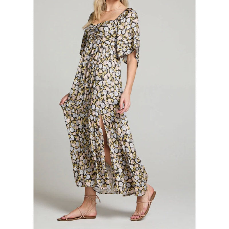 Saltwater Luxe Kathryn Floral Short Puff Sleeve Midi Dress Tan Large