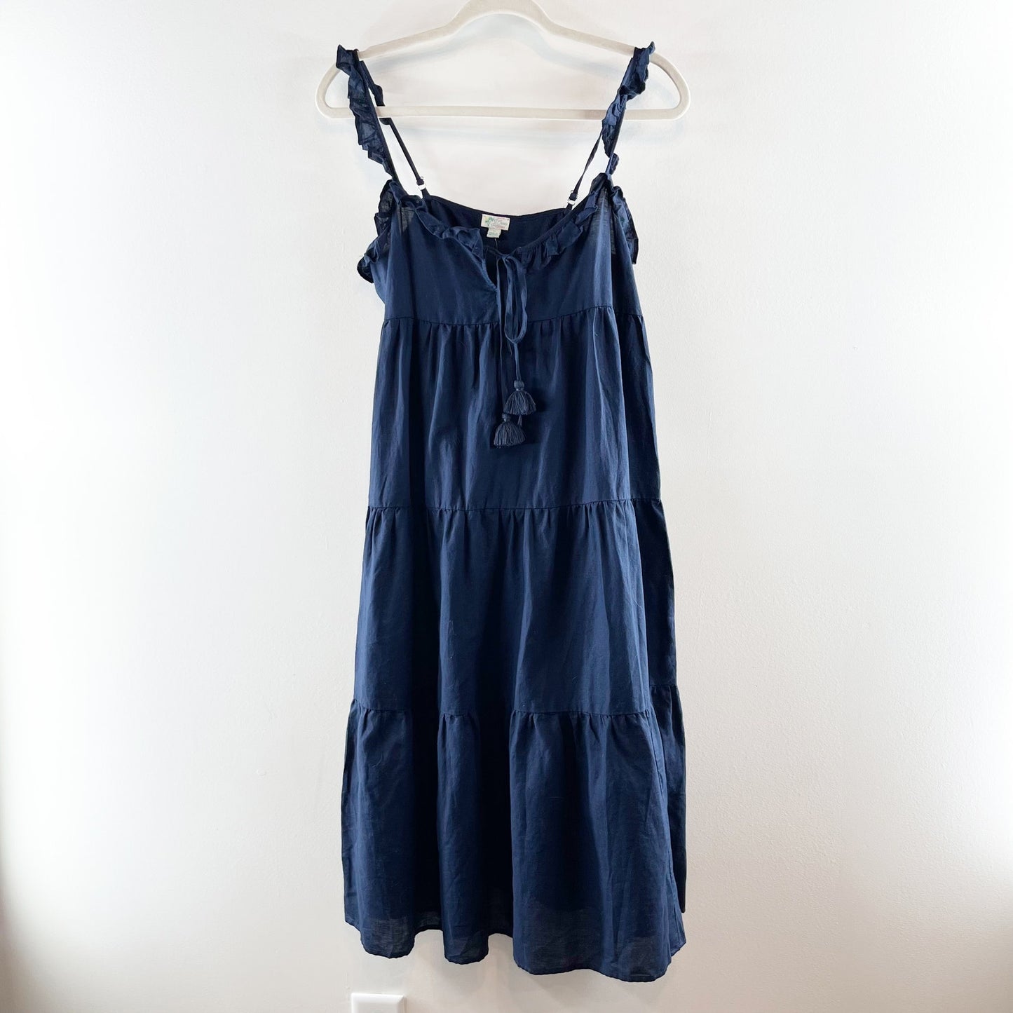 J. Crew Tiered Ruffle Strap Midi Beach Dress in Crinkle Cotton Navy Blue XS