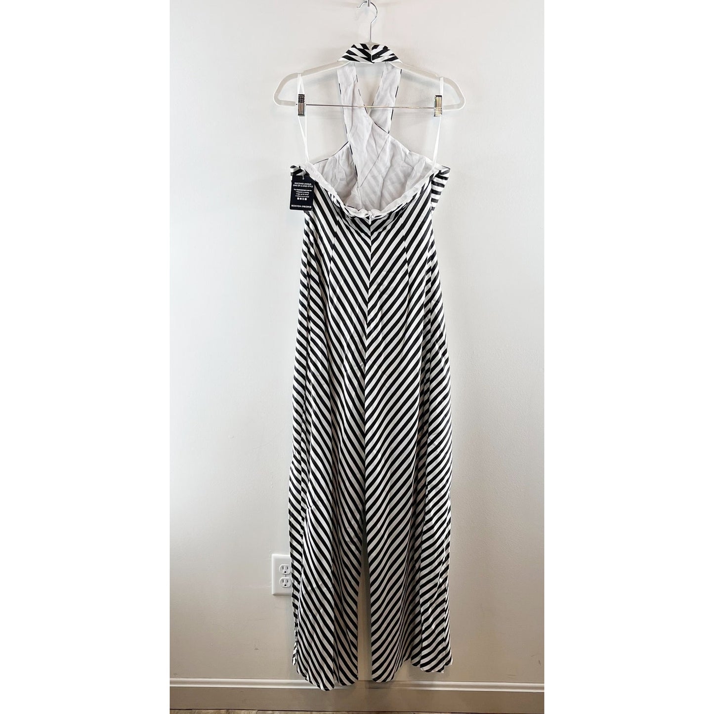 Boston Proper Striped Wide Leg Halter Neck Overlay Jumpsuit White Black Medium