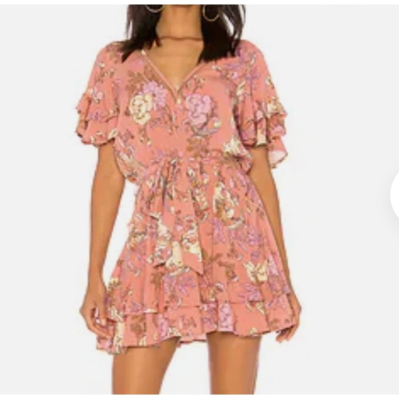 Spell and The Gypsy Rosa Play Short Sleeve Floral Belted Mini Dress Blush Pink S