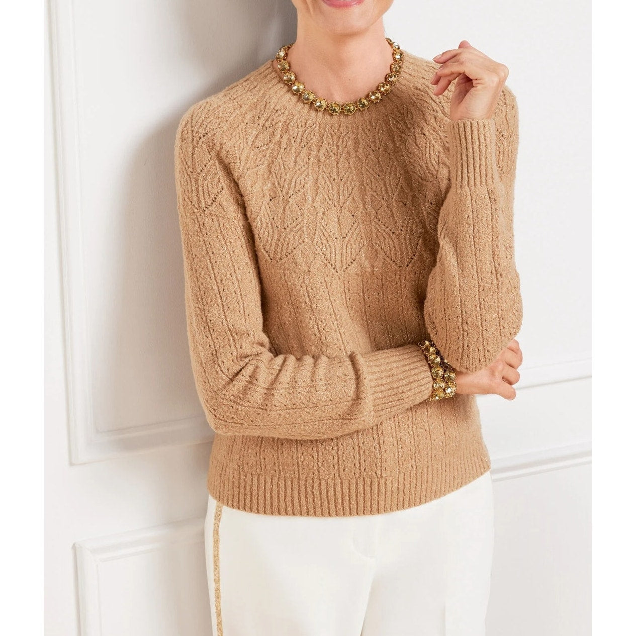 Talbots Long Sleeve Metallic Pointelle Sweater Tan Beige Small