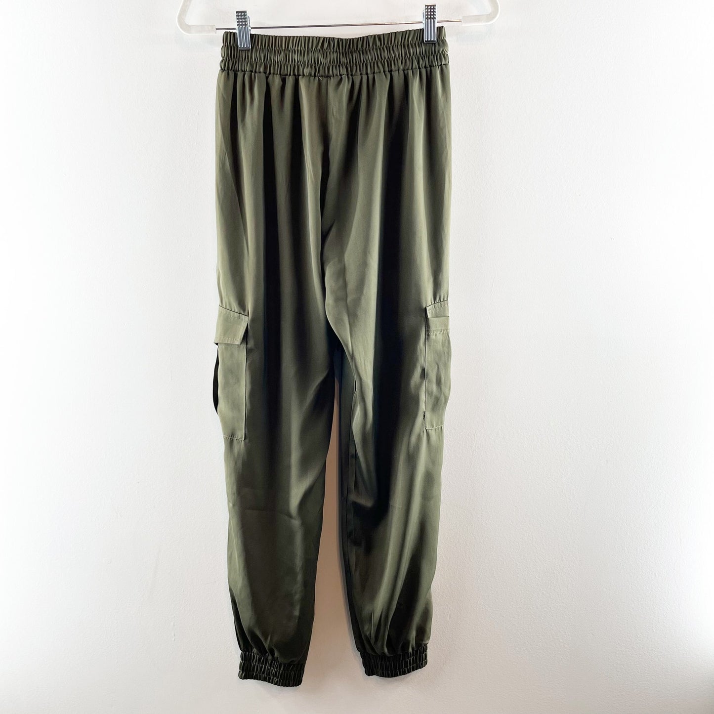 PINCH Satin Pull On High Waisted Drawstring Cargo Jogger Pants Olive Green Small