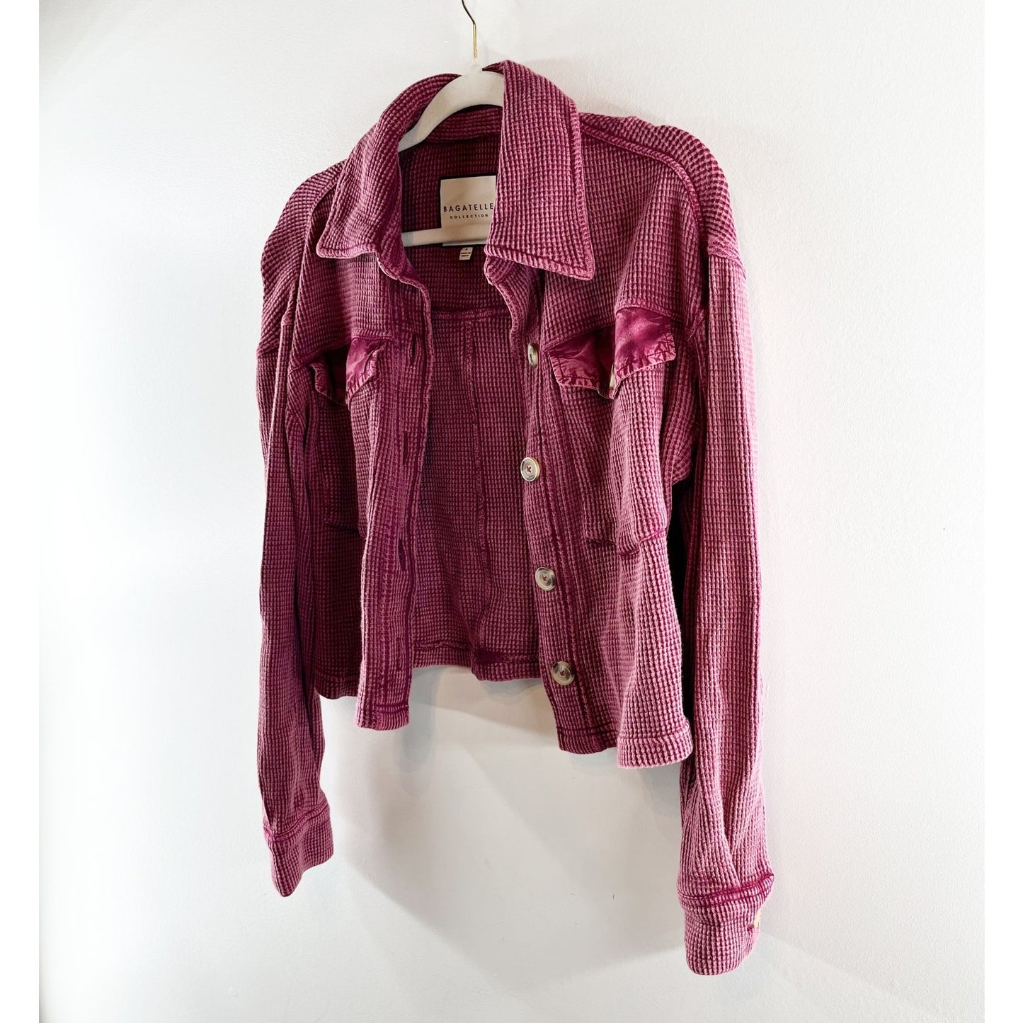 Bagatelle Thermal Waffle Knit Long Sleeve Button Up Shirt Jacket Shacket Red S