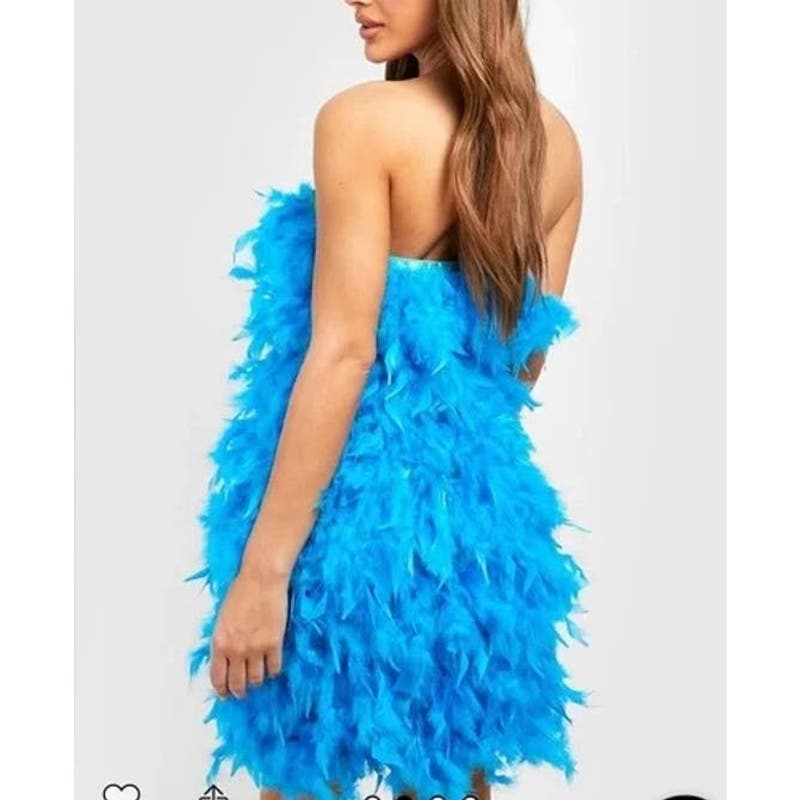 Boohoo Feather Bandeau Strapless Mini Dress Bright Blue 4